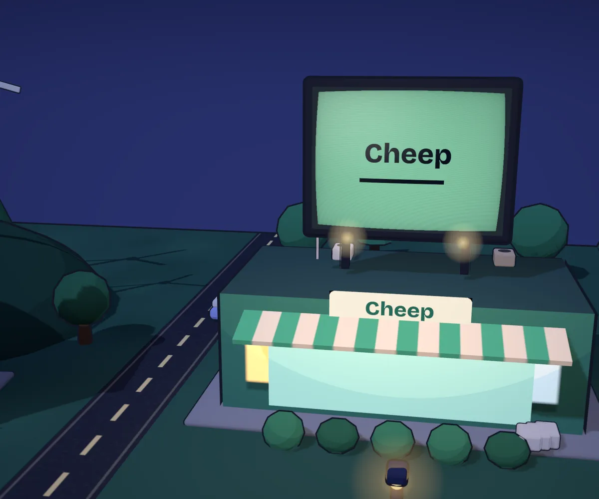 Cheep's building in the night town from the home page, its billboard playing the app