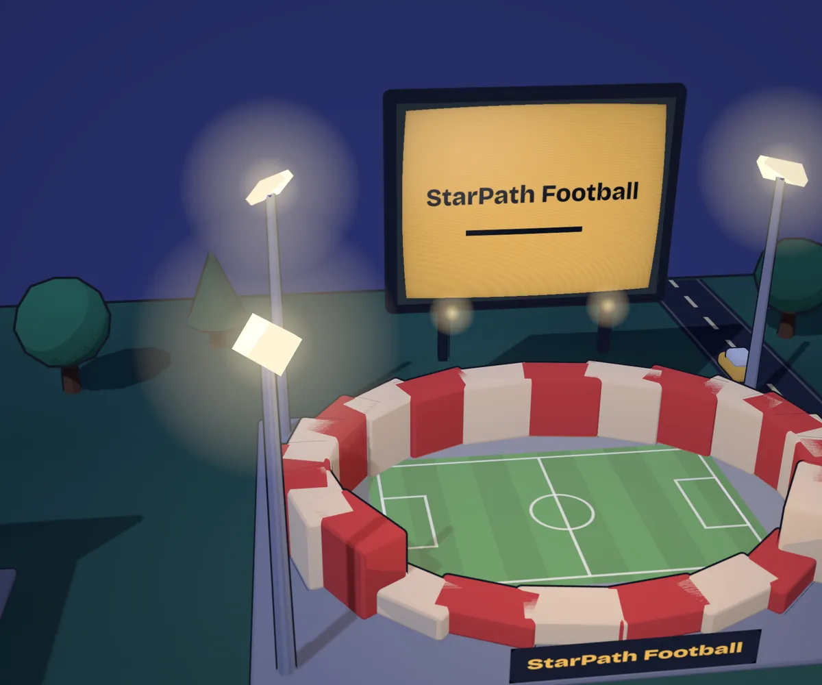 StarPath Football's building in the night town from the home page, its billboard playing the app