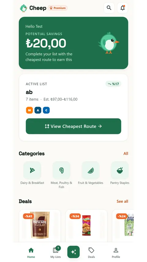 Home screen with potential savings, the active list's estimated range and the "View Cheapest Route" entry point.