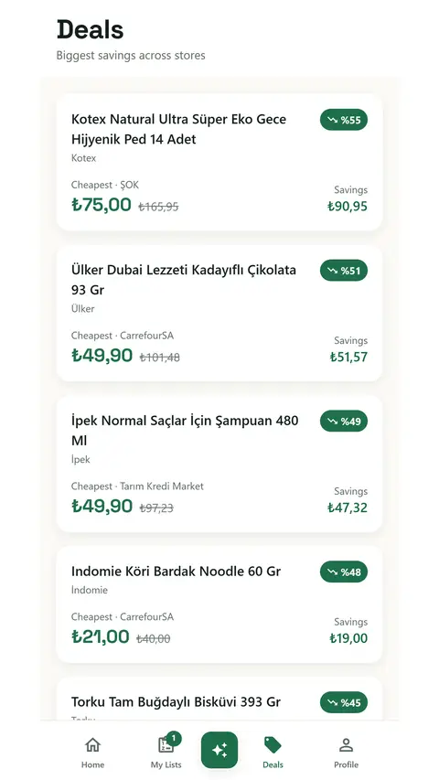 Deals feed ranking the biggest cross-store savings.