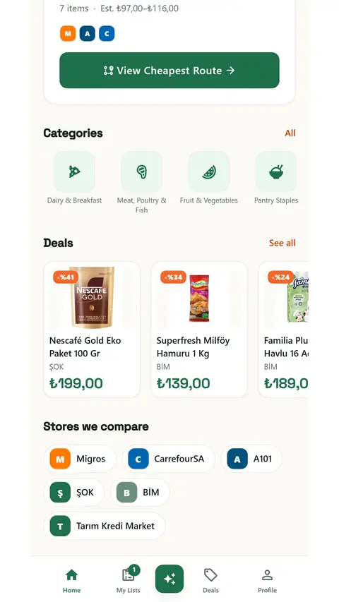Categories, deals carousel and the chains being compared.