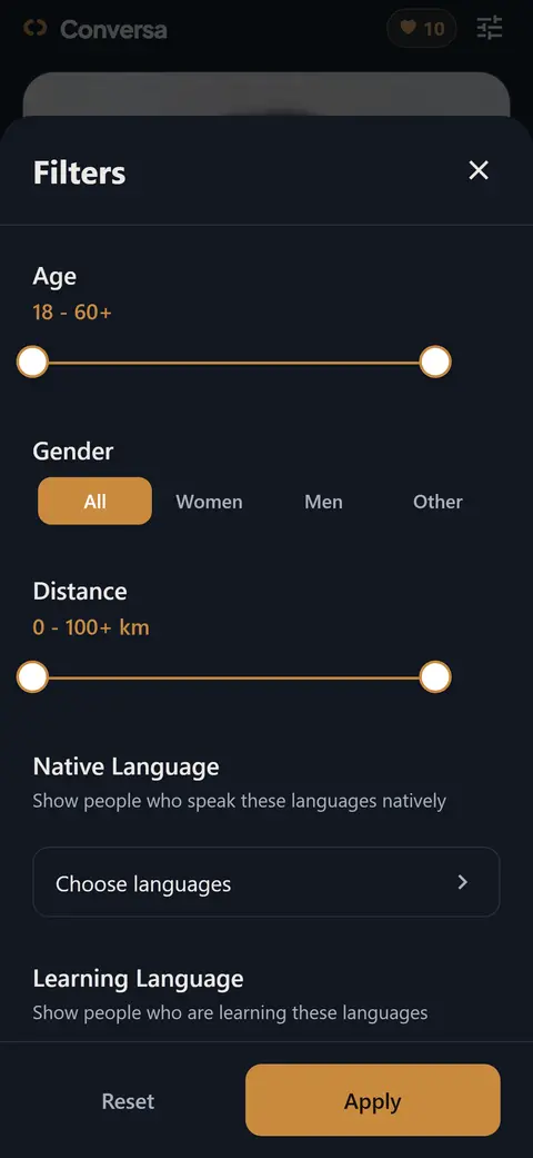 Filters for age, distance, native language and target language.