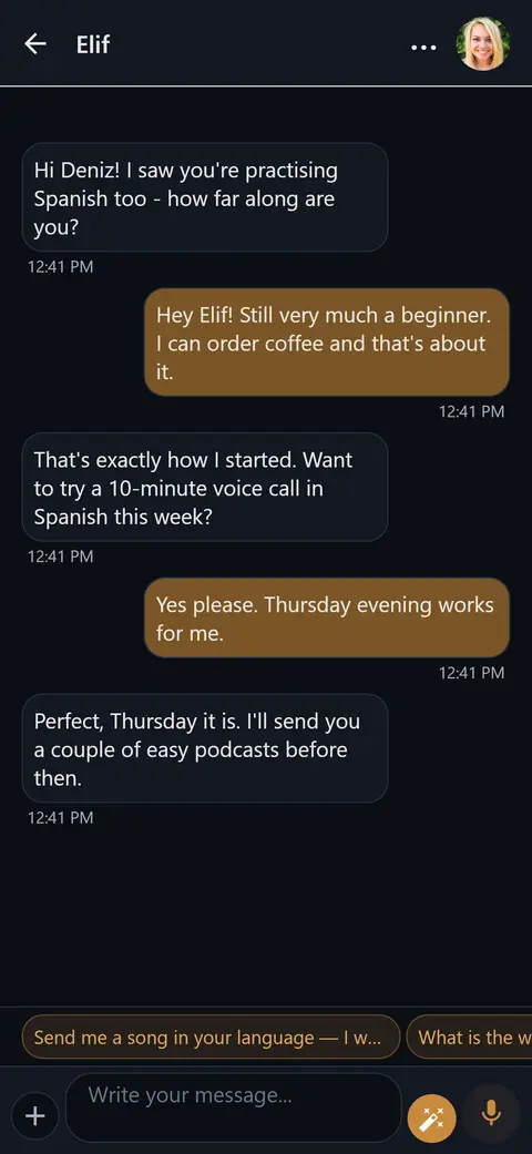 Chat thread with icebreaker suggestions, AI polish and voice messages.