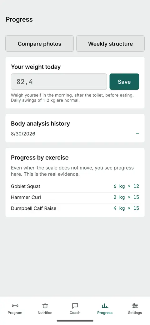 Progress: daily weight, body analysis history and load progress per exercise.