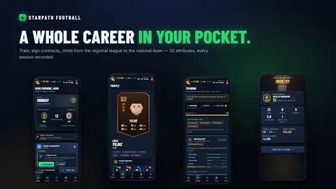 Career screens: daily home, player profile, training sessions with XP per attribute, and the season awards report.